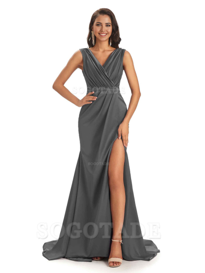 A-line V-neck Floor-Length Satin formal dresses evening gown Bridesmaid Dresses With Side Slit 