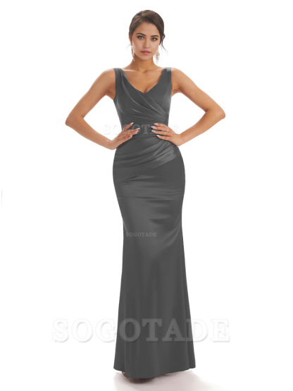 Sheath Sleeveless V-neck Floor-Length Satin formal dresses evening gown Bridesmaid Dresses With Pleats 
