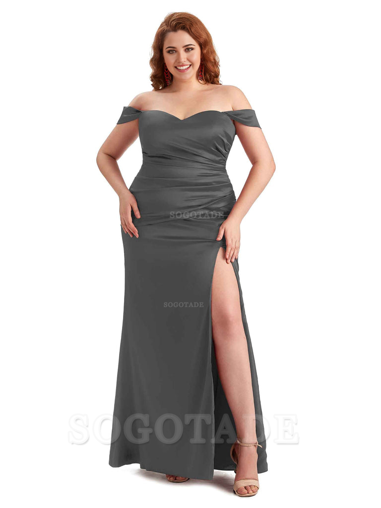 Sexy Off The Shoulder Sleeveless Side Slit Mermaid Soft Satin Long Plus Size Bridesmaid Dresses