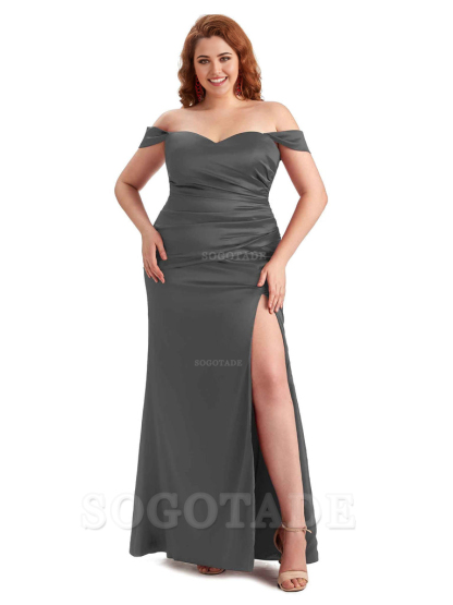 Sexy Off The Shoulder Sleeveless Side Slit Mermaid Soft Satin Long Plus Size Bridesmaid Dresses