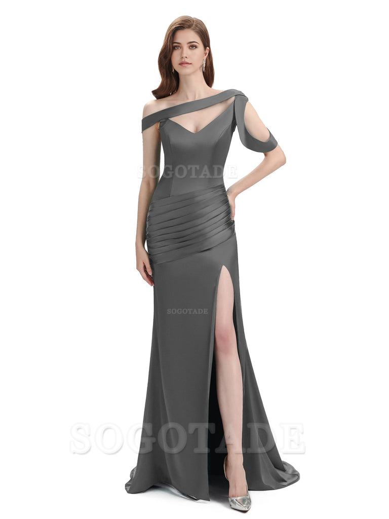 Mermaid V-Neck Satin Floor-Length formal dresses evening gown Bridesmaid Dresses With Side Slit 