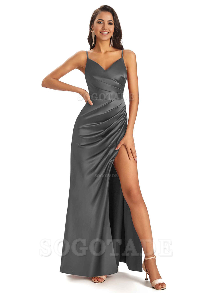 Sheath V-Neck Spaghetti Straps formal dresses evening gown Bridesmaid Dresses With Side Slit 