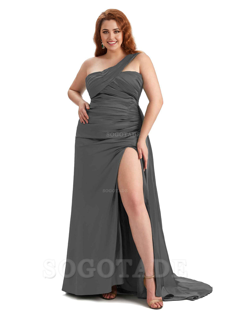  One Shoulder Sleeveless Sexy Side Hight Slit Mermaid Soft Satin Long Plus Size Bridesmaid Gowns