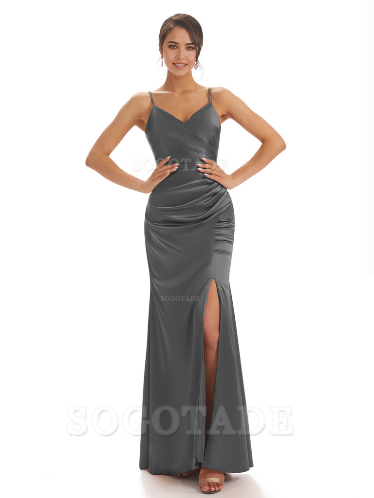 Spaghetti Straps Pleats Satin formal dresses evening gown Bridesmaid Dresses With Side Slit 