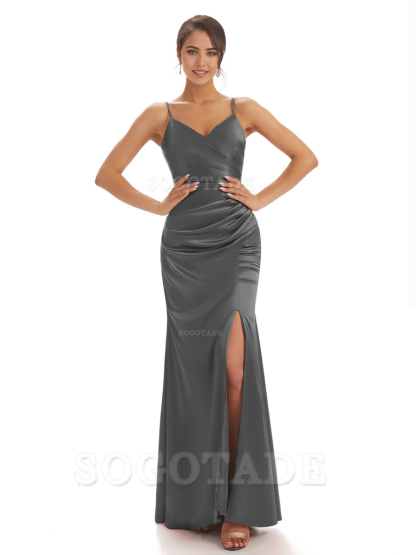 Spaghetti Straps Pleats Satin formal dresses evening gown Bridesmaid Dresses With Side Slit 