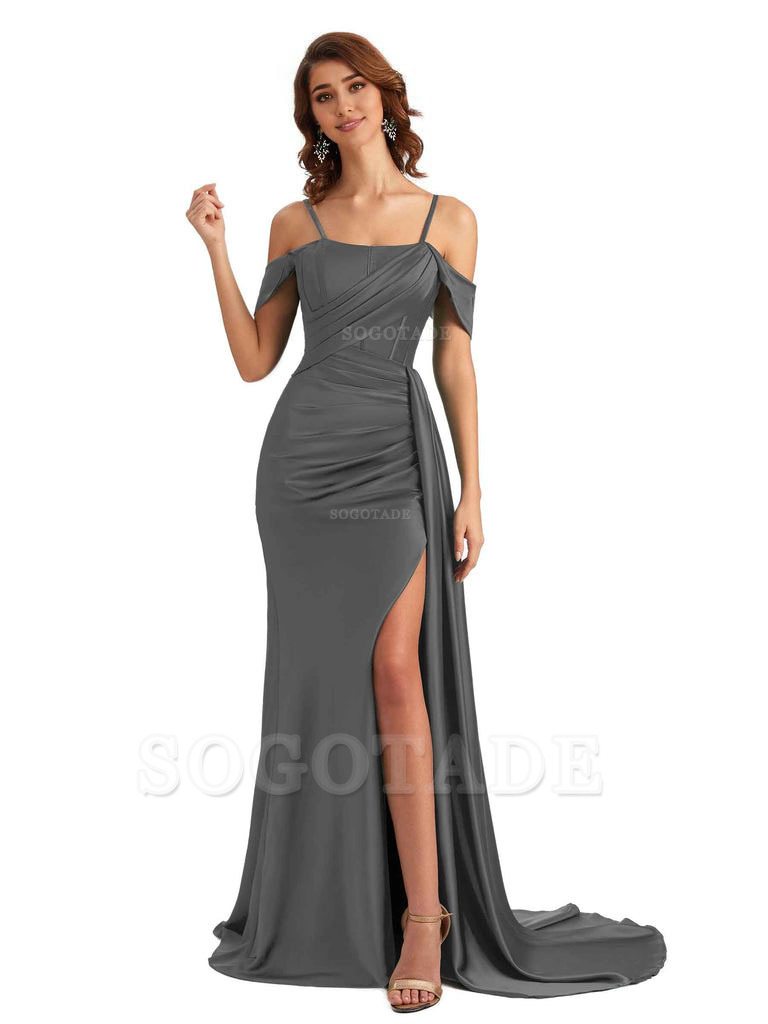 Sexy Side Slit Cold Shoulder Mermaid Satin Chic Long Wedding Guest Dresses