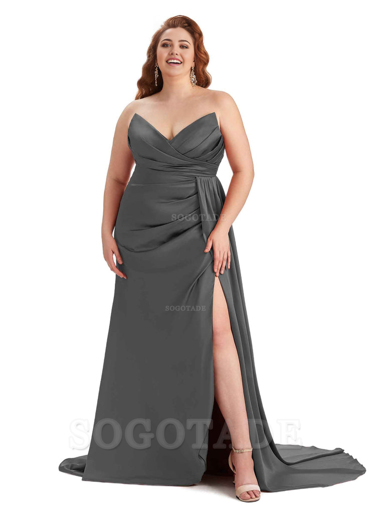 Sexy V-neck Side Slit Sleeveless Mermaid Soft Satin Long Plus Size Bridesmaid Gowns