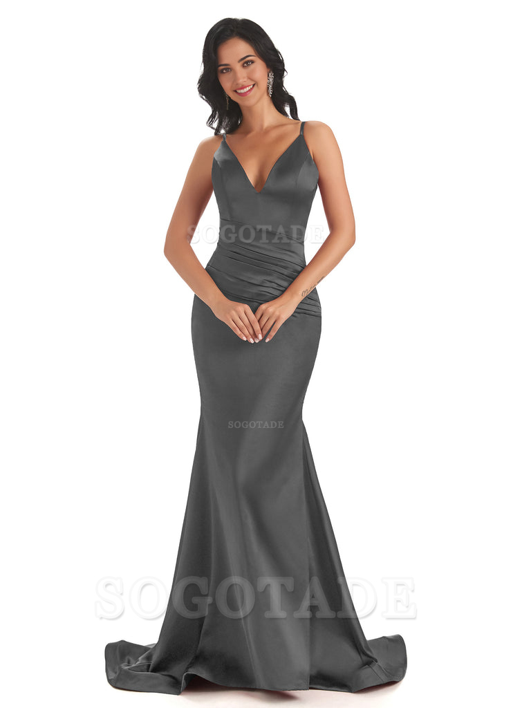 Mermaid Spaghetti V-Neck Straps Satin Long formal dresses evening gown Bridesmaid Dresses With Side Slit 