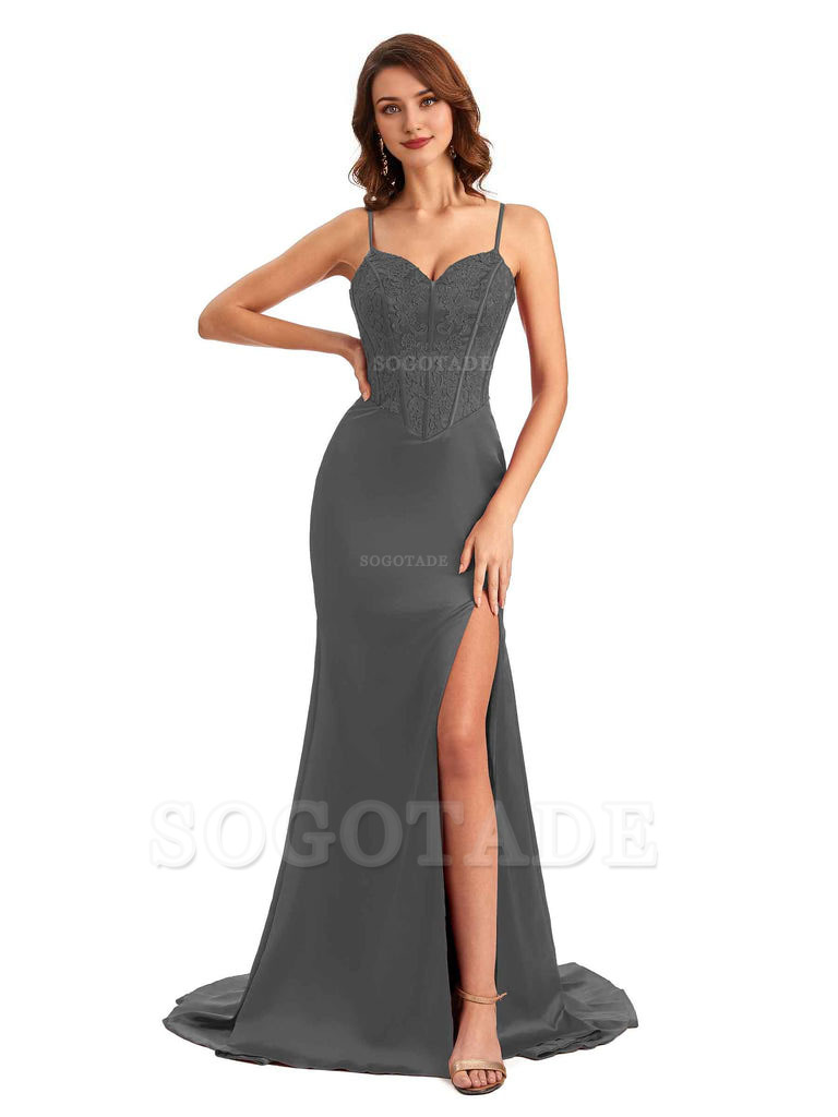 Sexy Side Slit Mermaid Silky Satin V-Neck Lace Unique Long Bridesmaid Dresses