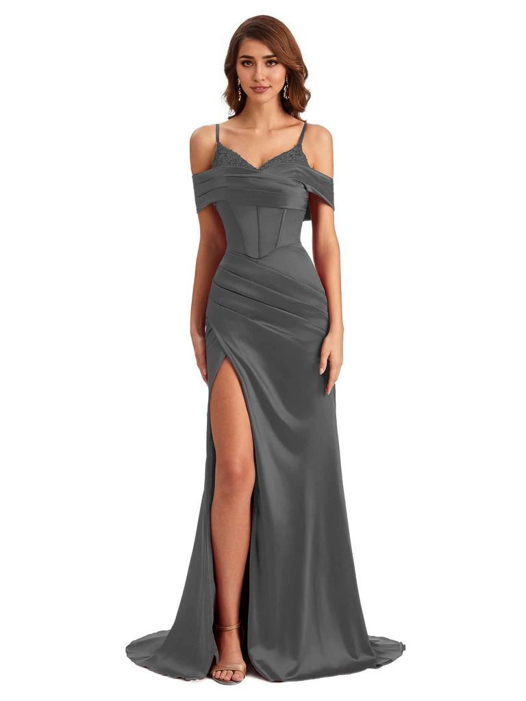  Sexy Side Slit Mermaid Silky Satin V-Neck Cold Shoulder Unique Nice Wedding Guest Dresses