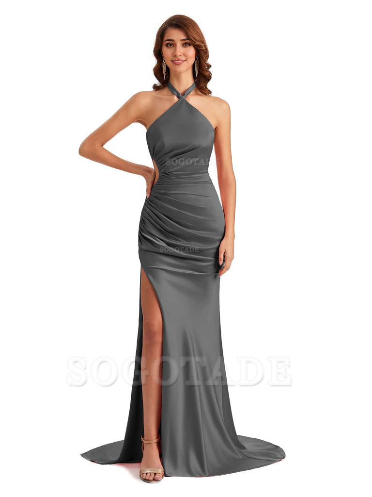 Sexy Halter Mermaid Silky Satin Unique Long Formal Wedding Guest Dresses