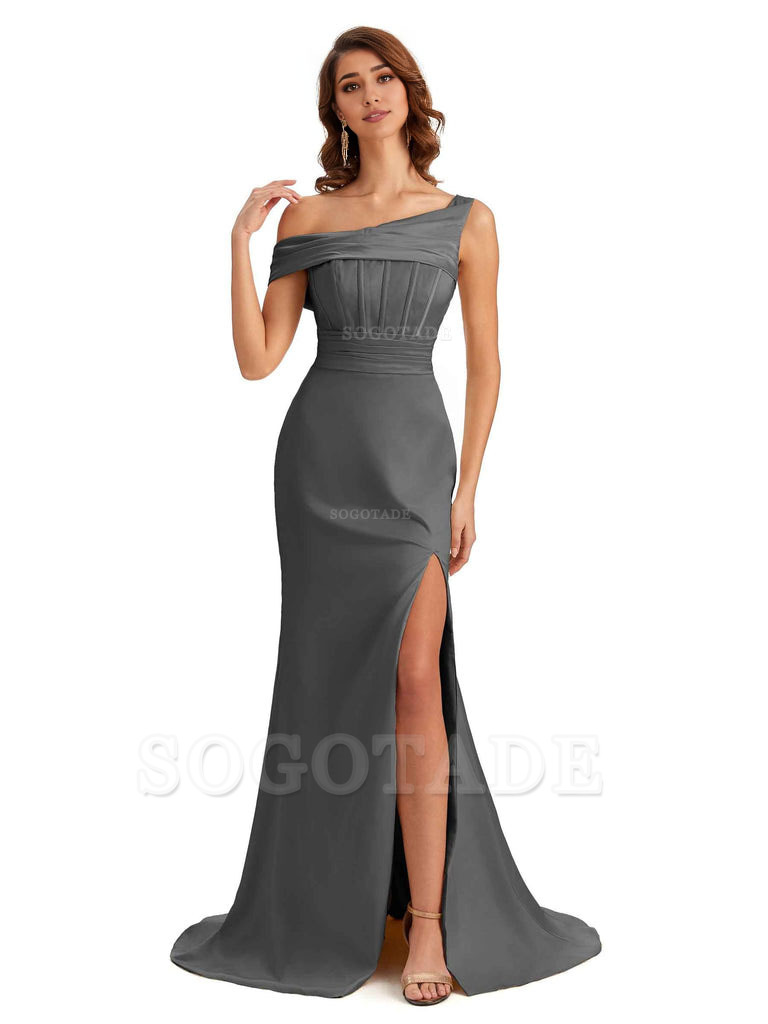 Elegant Asymmetrical Neck Soft Satin Side Slit Long Mermaid Bridesmaid Dresses
