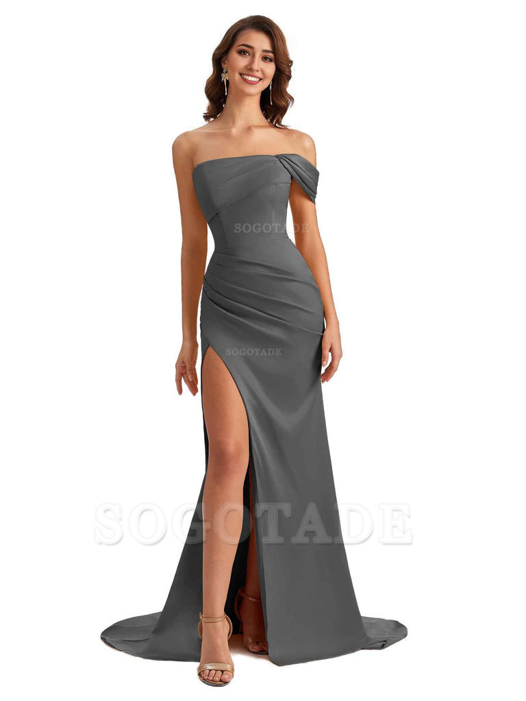 Unique One Shoulder Side Slit Satin Long Formal Dresses For Bridesmaid Dresses