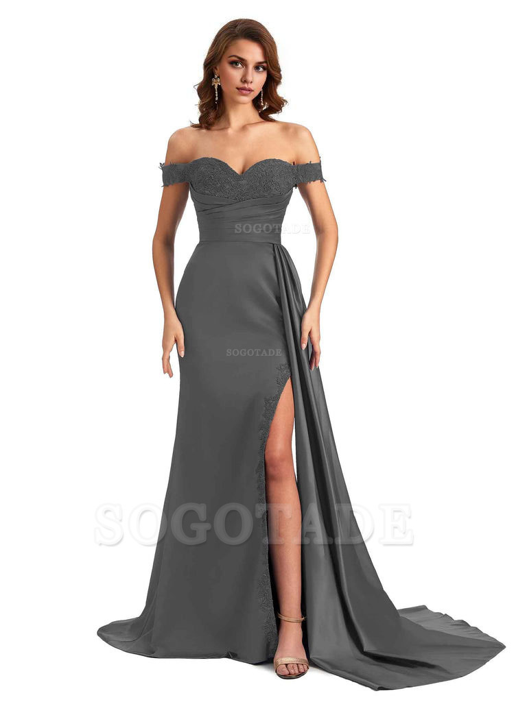 Sexy Off The Shoulder Mermaid Side Slit Silky Satin Long Bridesmaid Dress For Wedding
