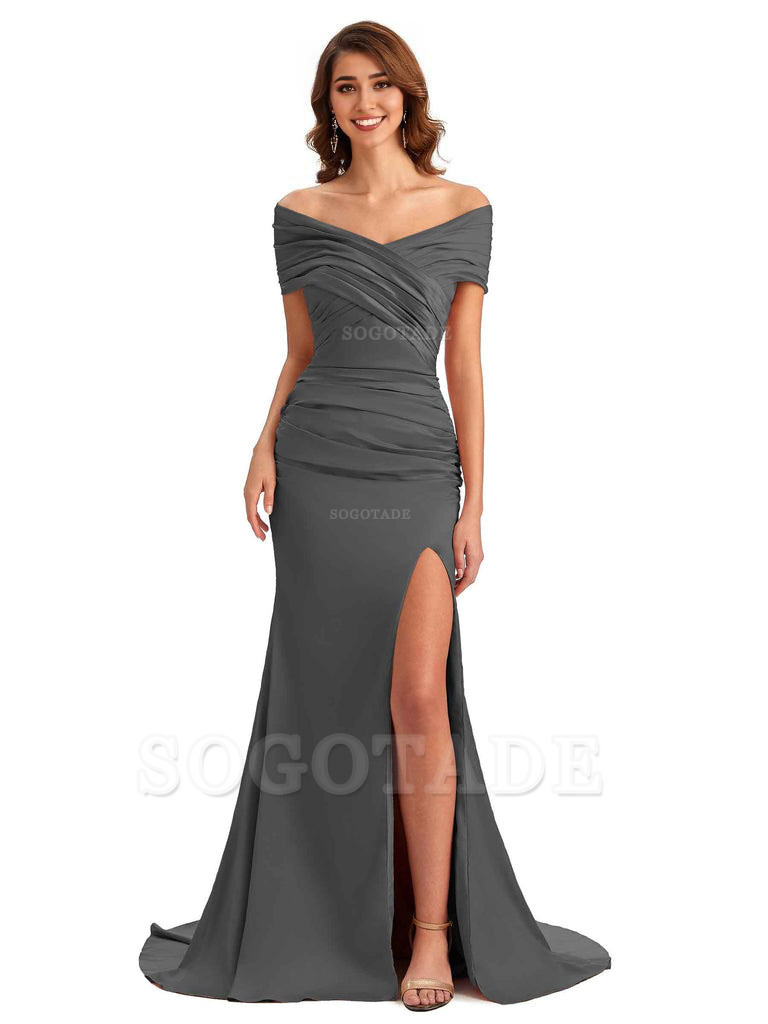 Sexy Off The Shoulder Side Slit Mermaid Satin Unique Long Formal Wedding Guest Dresses