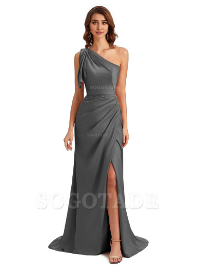 Sexy One Shoulder Mermaid Side Slit Unique Silky Satin Bridesmaid Dresses 