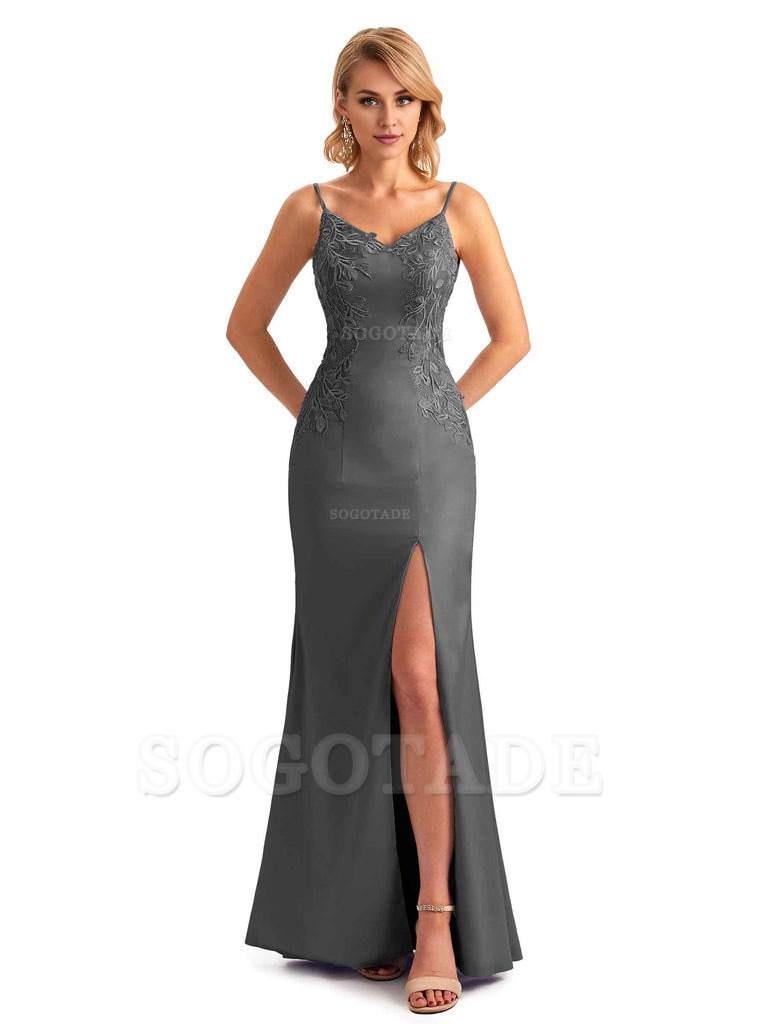 Sexy Side Split Mermaid Spaghetti Straps Soft Satin Unique Lace Long Bridesmaid Dresses