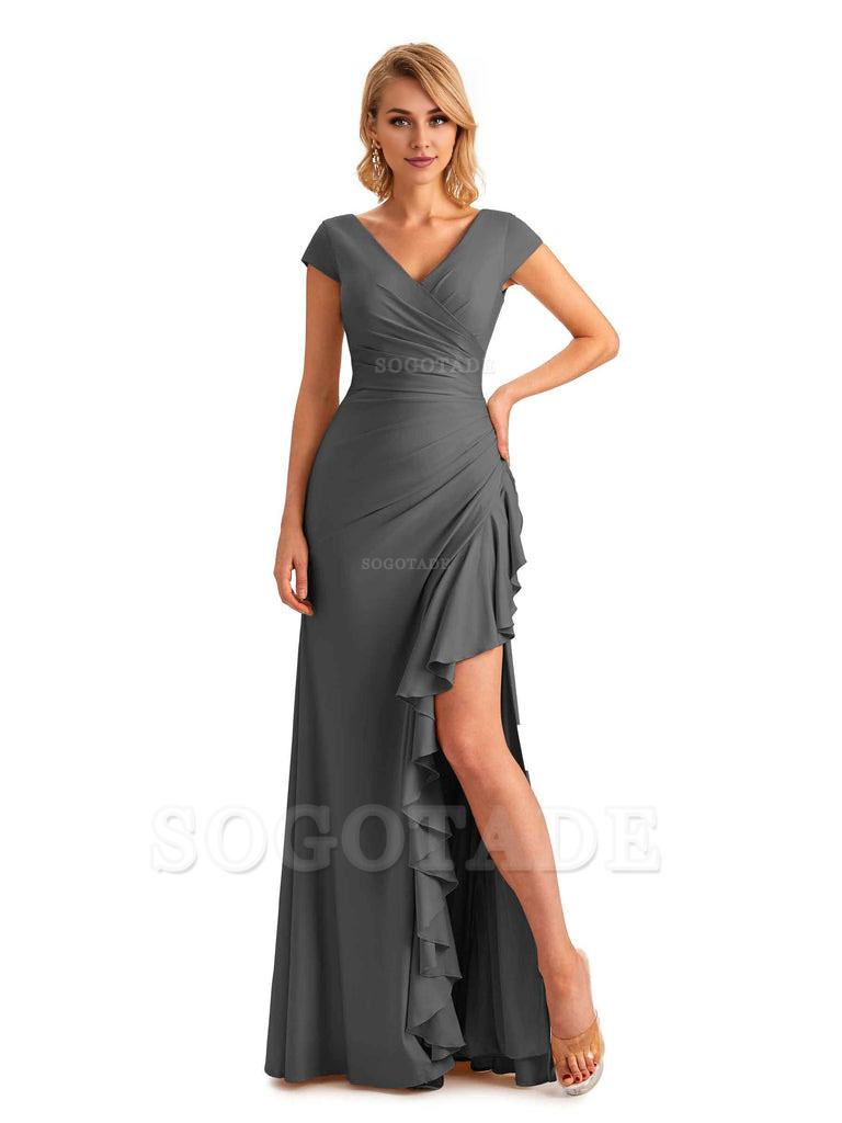 Sexy Side Slit Short Sleeves Mermaid Soft Satin Unique Long Maid Of Honor Dresses