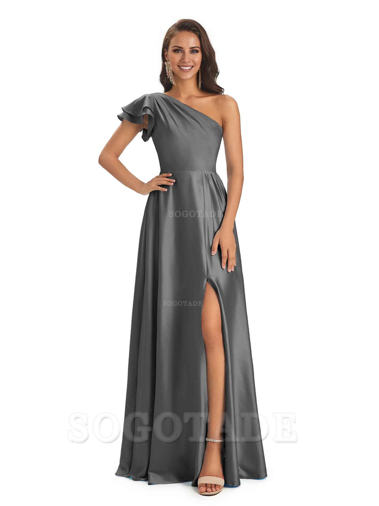 A-Line One Shoulder Ladies Long Bridesmaid Dresses Soft Satin Side Slit Elegant Evening Party Dress