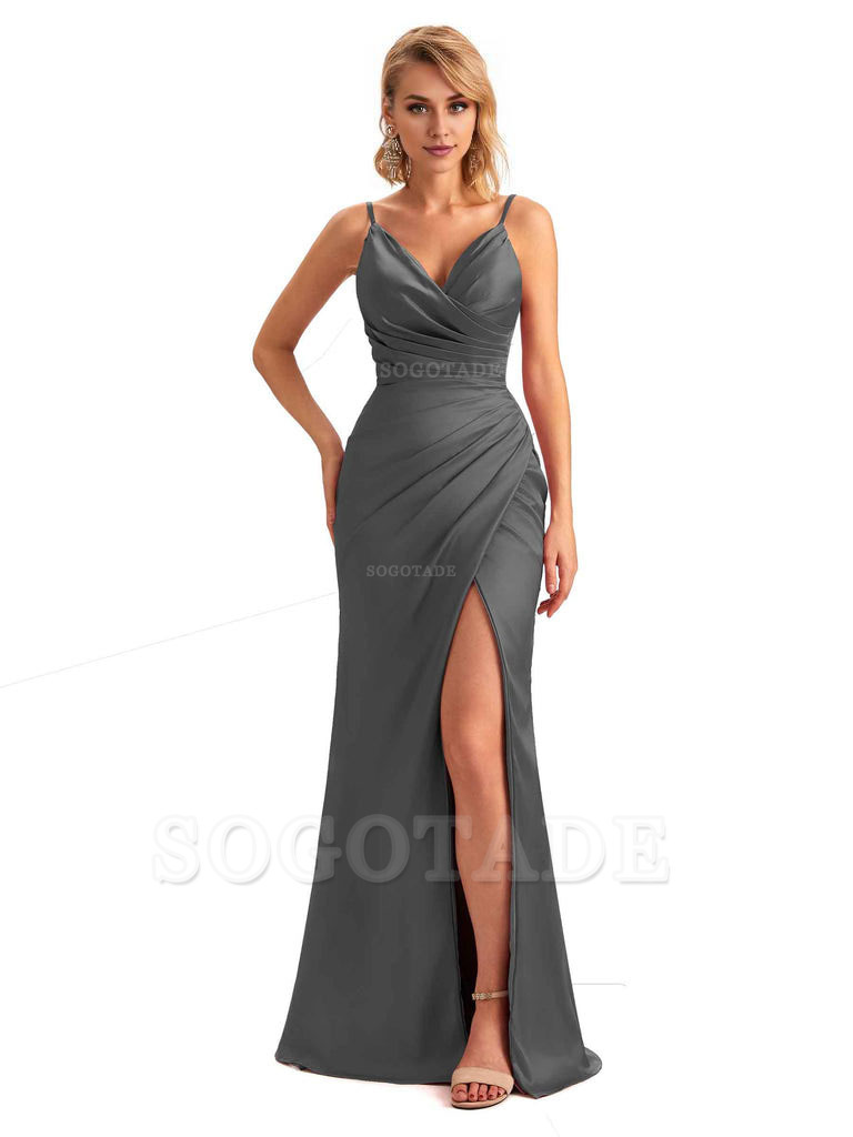Sexy Side Slit V-Neck Mermaid Silky Satin Unique Long Formal Ladies Bridesmaid Dresses