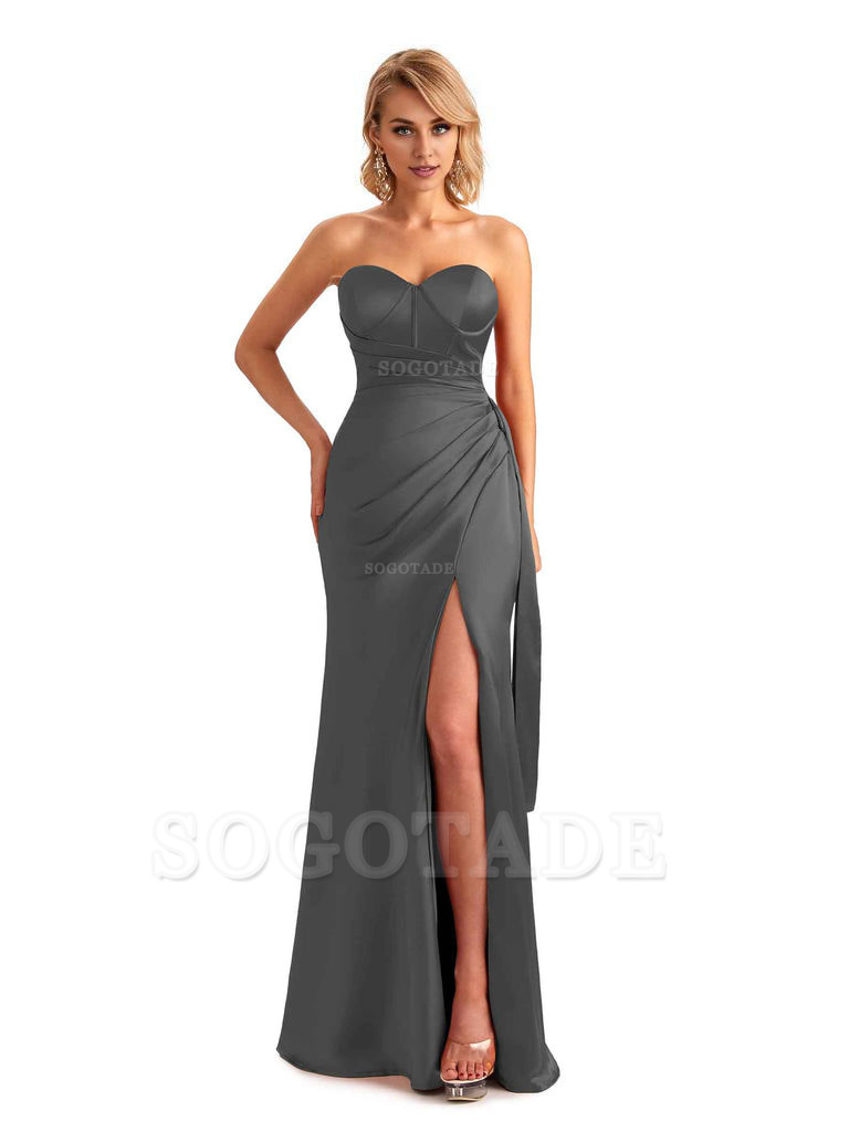 Sexy Side Slit Strapless Mermaid Soft Satin Unique Long Bridesmaid Dress For Wedding
