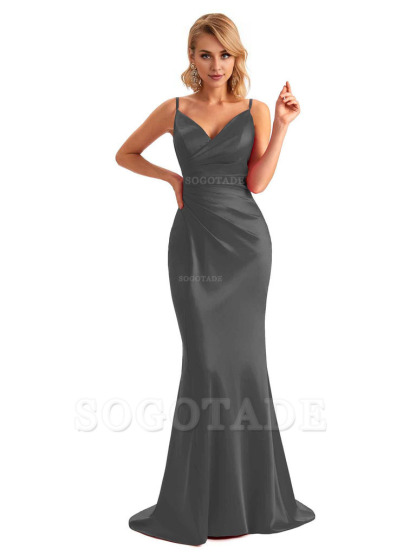  Sexy Backless Mermaid Spaghetti Straps Unique Long Formal Satin Dress For Women