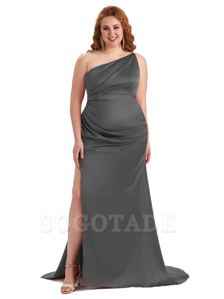 Sexy One Shoulder Side Slit Mermaid Soft Satin Long Plus Size Bridesmaid Dress For Wedding