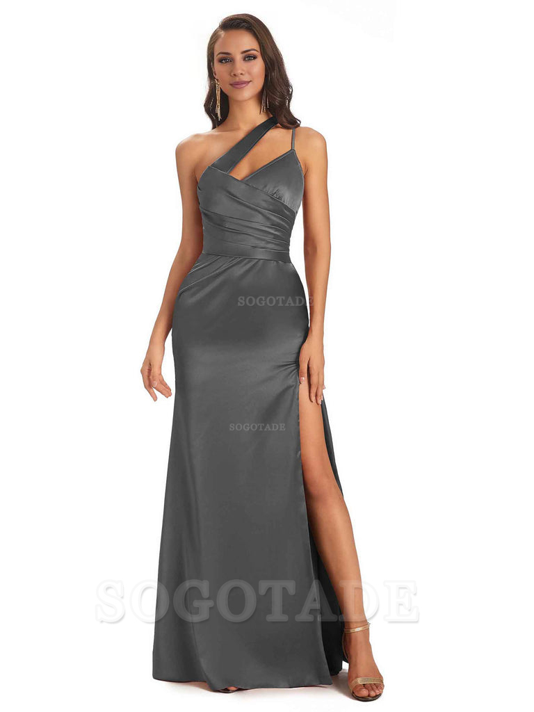 Elegant Soft Satin Side Slit One Shoulder Floor-Length Maxi Bridesmaid Dresses Evening Party Dress
