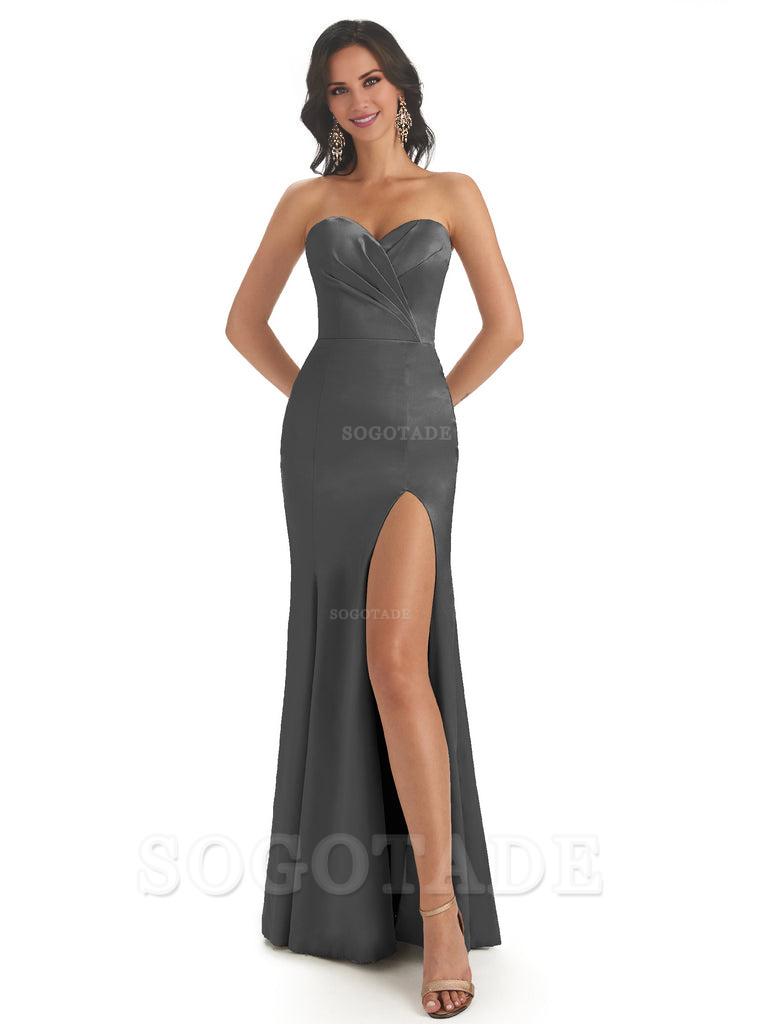 Simple Soft Satin Side Slit Sweetheart Long Mermaid Bridesmaid Dresses Elegant Evening Party Dress