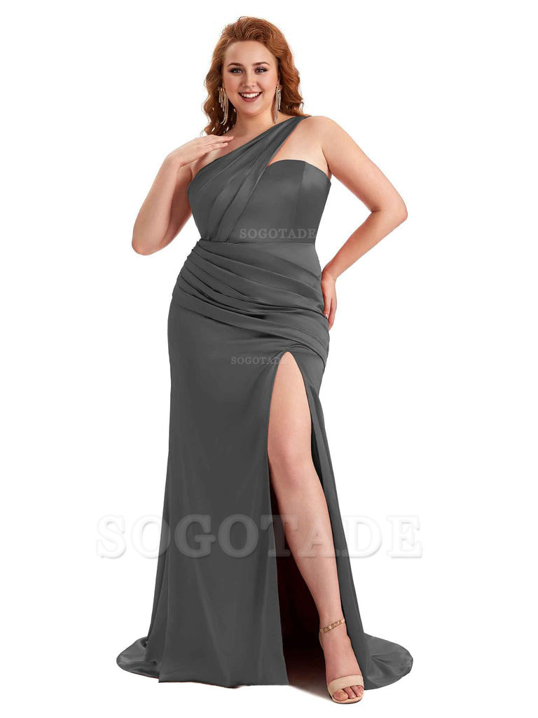 Sexy Side Slit One Shoulder Mermaid Soft Satin Long Plus Size Matron of Honor Dress For Wedding