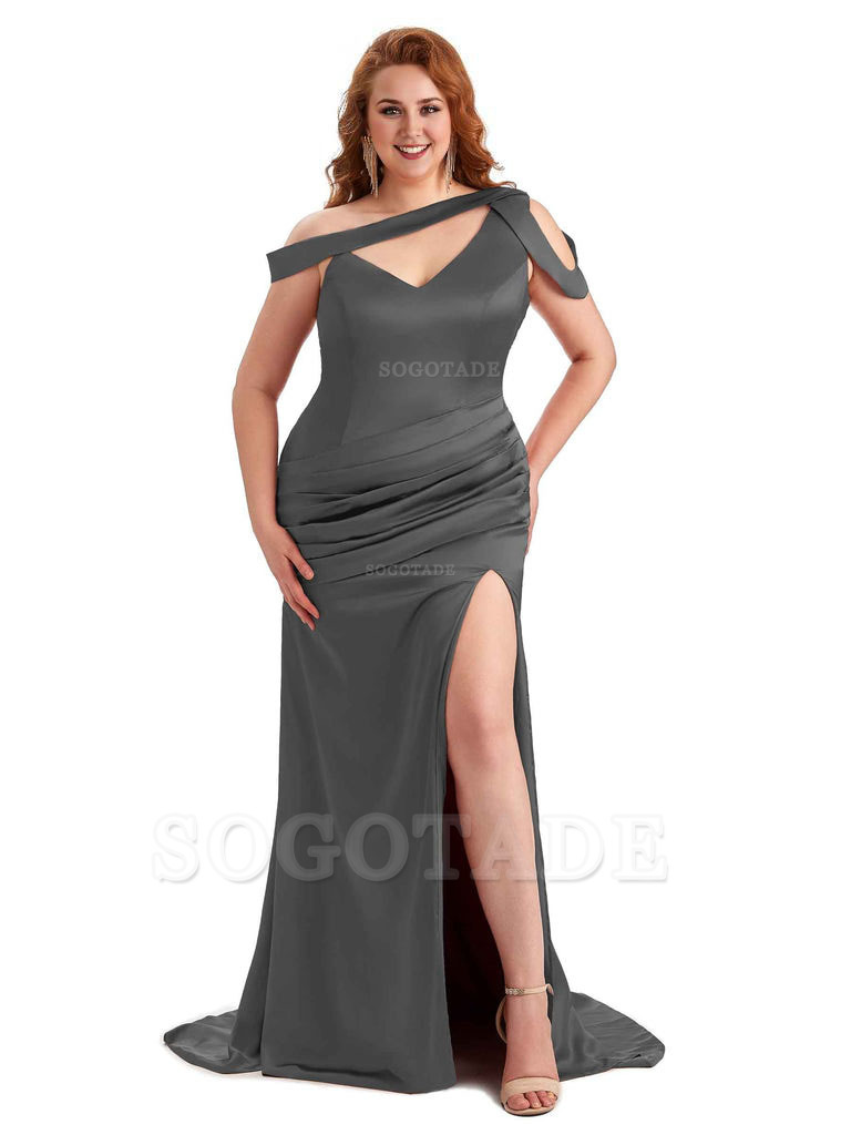 Sexy V-Neck Side Slit Unique Mermaid Soft Satin Long Plus Size Bridesmaid Dress For Wedding