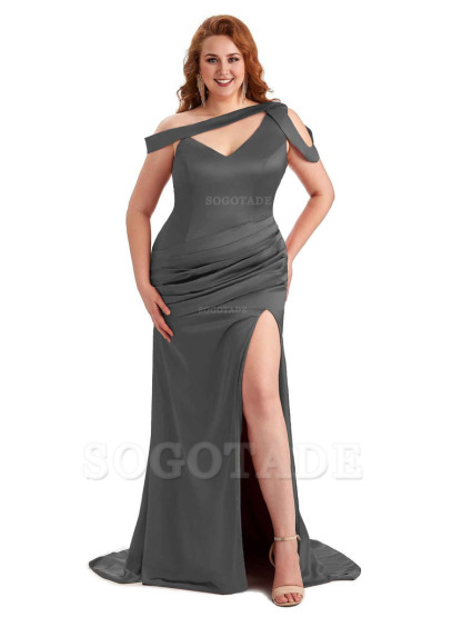 Sexy V-Neck Side Slit Unique Mermaid Soft Satin Long Plus Size Bridesmaid Dress For Wedding