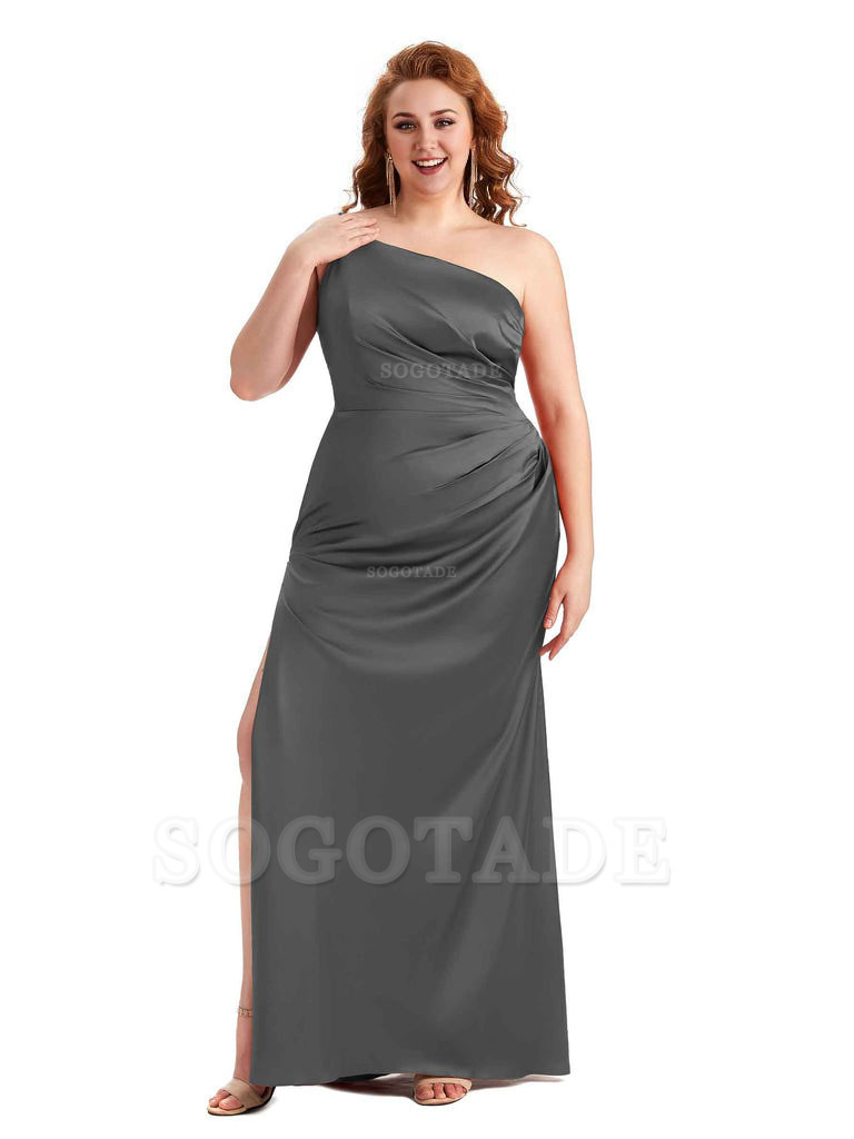 Sexy Side Slit One Shoulder Mermaid Soft Satin Long Plus Size Maid of Honour Dresses