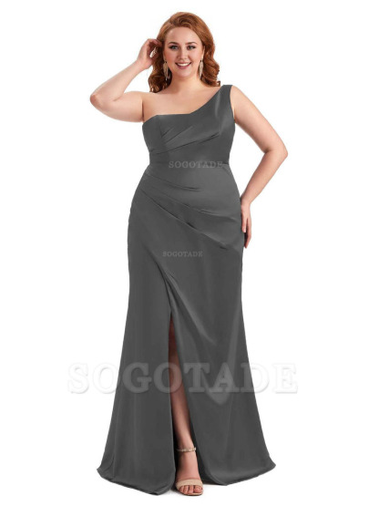 Sexy Side Slit One Shoulder Mermaid Long Plus Size Satin Maxi Dresses