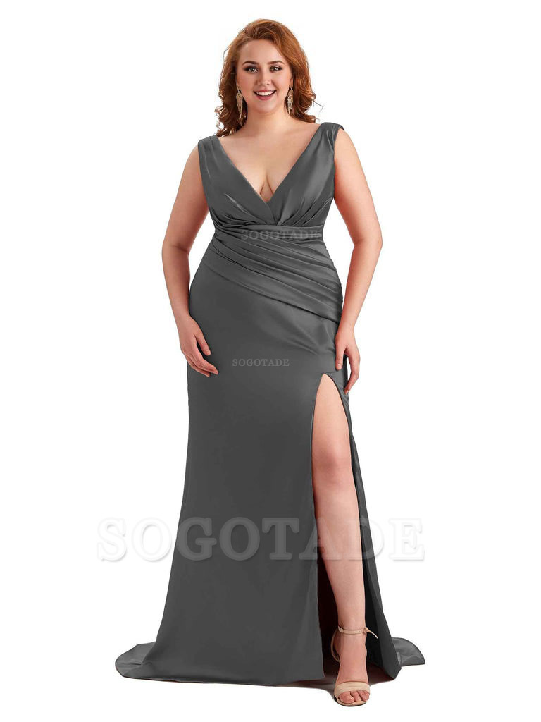 Elegant V-neck Side Slit Mermaid Soft Satin Long Plus Size Bridesmaid Dress For Wedding