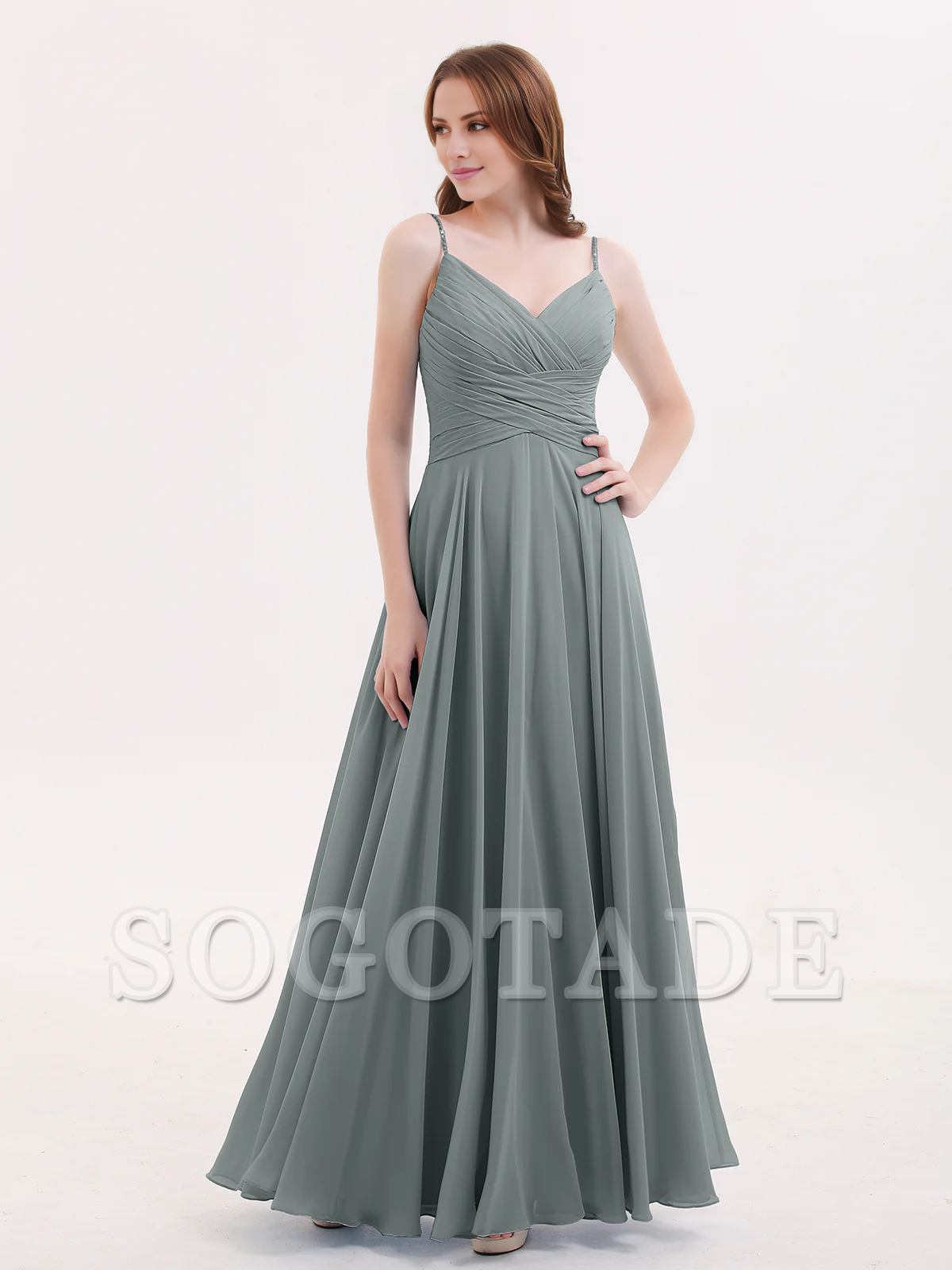 V-neck Fine Shoulder Strap Floor Length Chiffon Bridesmaid Dresses Online