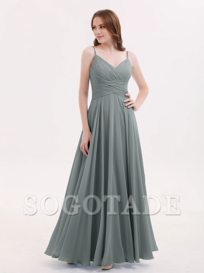 V-neck Fine Shoulder Strap Floor Length Chiffon Bridesmaid Dresses Online