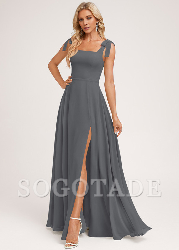 A-shaped square bow landing chiffon bridesmaid dress