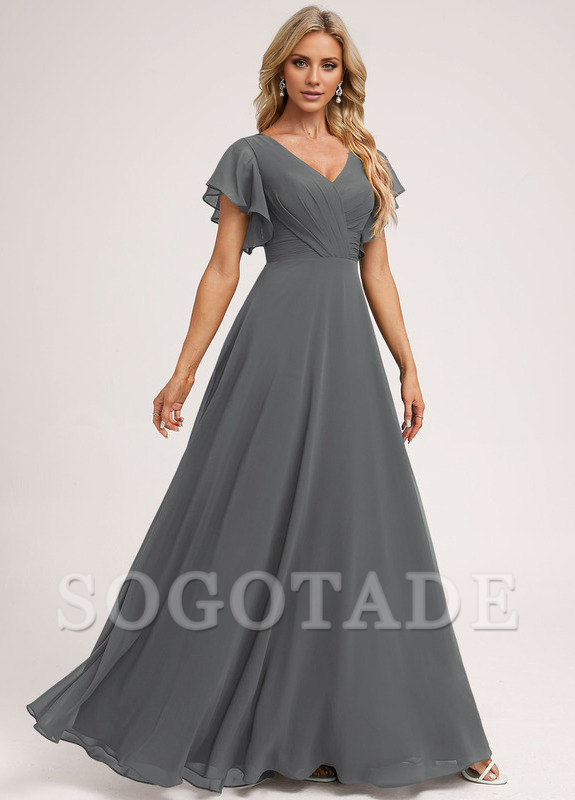 Ruffle A-line V-neck and floor chiffon bridesmaid dress
