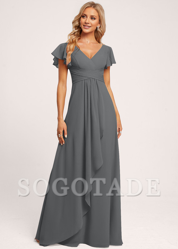 Ruffle A-line V-neck and floor chiffon bridesmaid dress