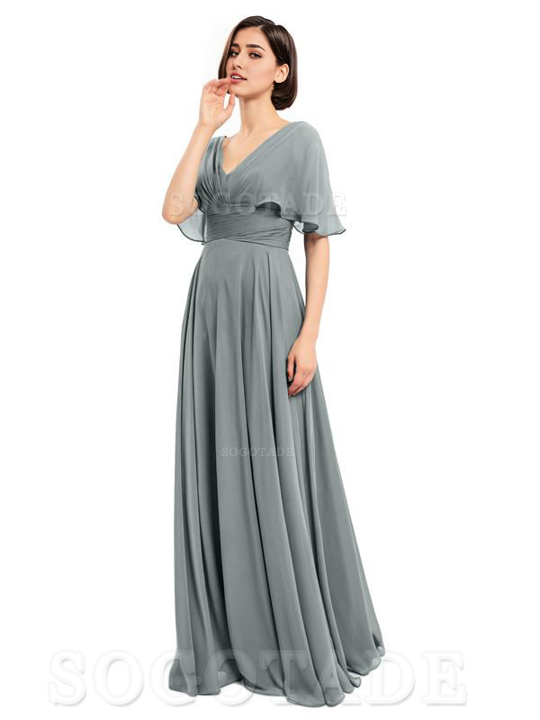  V-Neck Cap Sleeves Sleeves Chiffon Long Elegant Bridesmaid Dresses Formal Wear Dresses