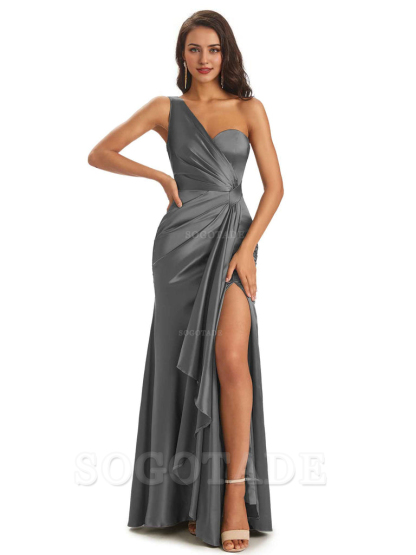 Elegant Soft Satin Side Slit One Shoulder Unique Mermaid Bridesmaid Dresses Online prom dresses shops