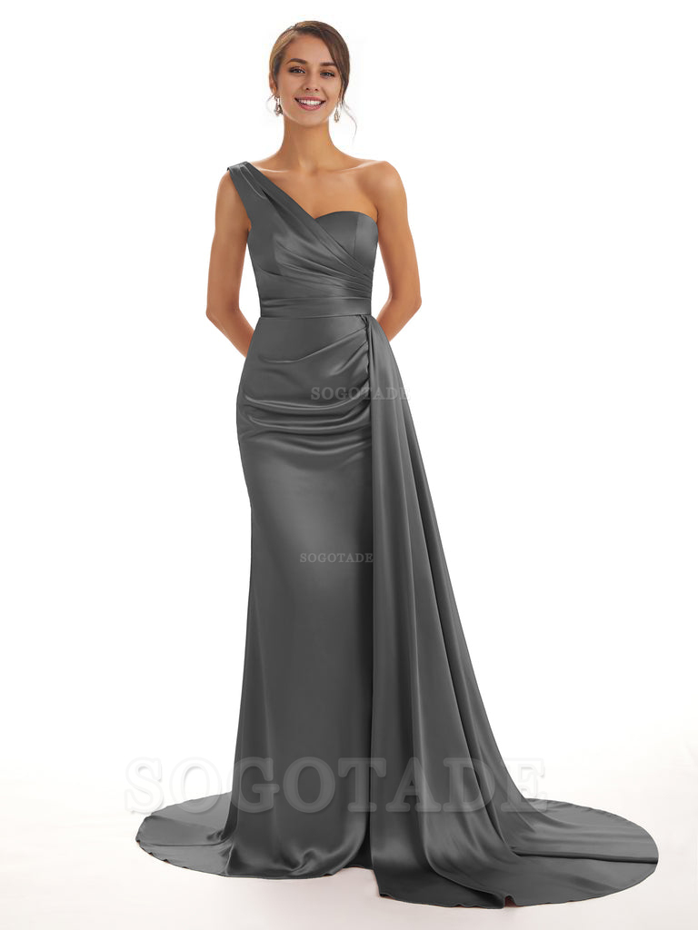 Elegant One Shoulder Soft Satin Unique Mermaid Long Bridesmaid Dresses Online prom dresses shops