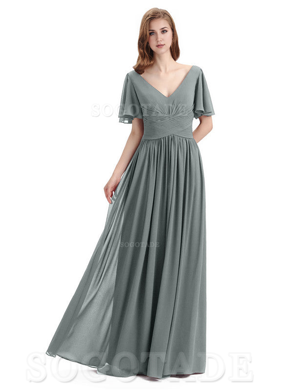 A-Line Chiffon Short Sleeves Elegant Floor-Length Bridesmaid Dresses Formal Women's Dresses Wedding Guests Dresses