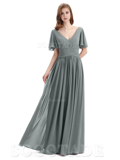 A-Line Chiffon Short Sleeves Elegant Floor-Length Bridesmaid Dresses Formal Women's Dresses Wedding Guests Dresses