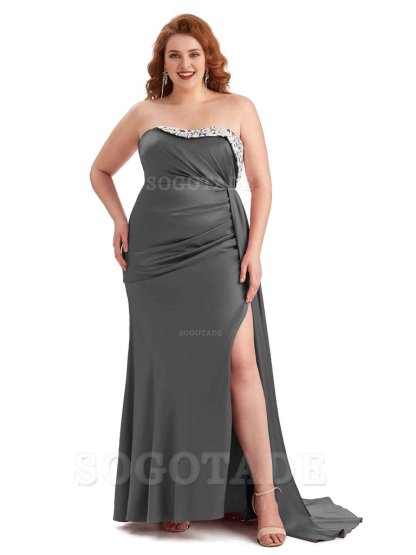 Sexy Side Slit Strapless Mermaid Lace Soft Satin Long Plus Size Maid of Honor Dresses