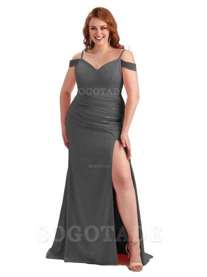 Sexy Side Slit Mermaid Cold Shoulder Soft Satin Long Plus Size Bridesmaid Dresses Online