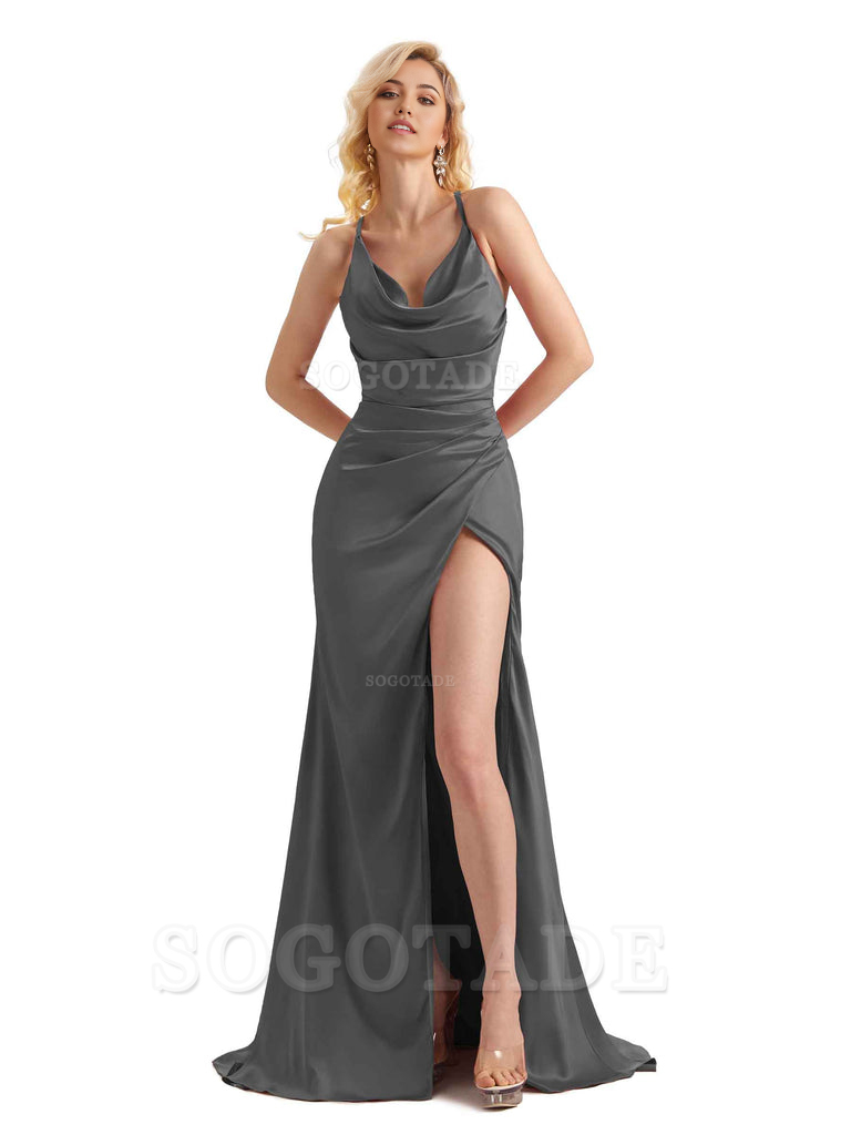 Sheath Cowl Neck Satin formal dresses evening gown Bridesmaid Dresses With Side Slit 