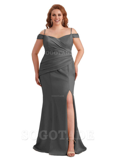 Elegant Cold Shoulder Side Slit Mermaid Soft Satin Long Plus Size Bridesmaid Gowns