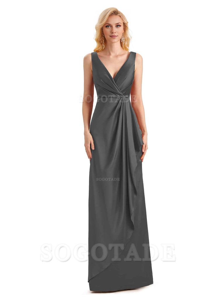 V Neck Elegant Soft Satin Formal Long Maid Bridesmaid Dresses Formal Wear Dresses